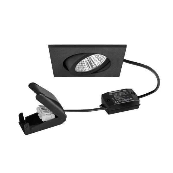Kit de luminaire LED encastré noir avec bordure carrée, boîtier de commande séparé et câblage montré sur fond blanc.