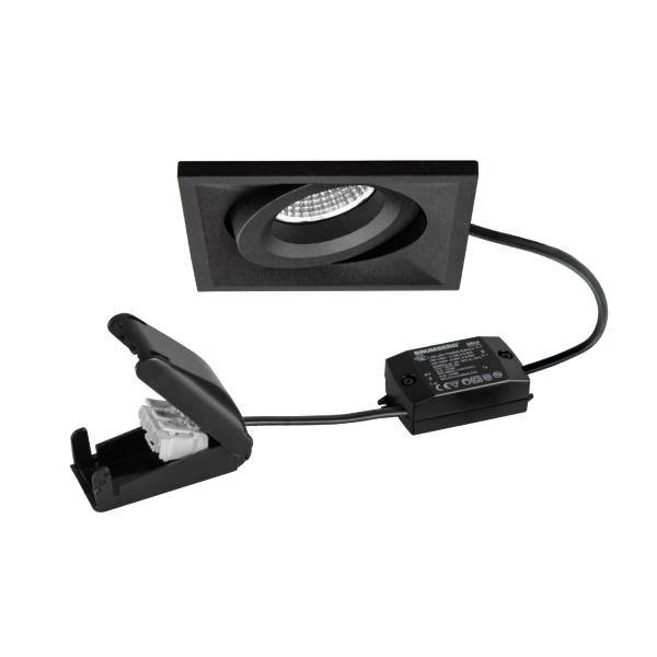 Luminaire LED encastré de forme carrée noire avec un variateur et un clip de montage montré sur un fond blanc.