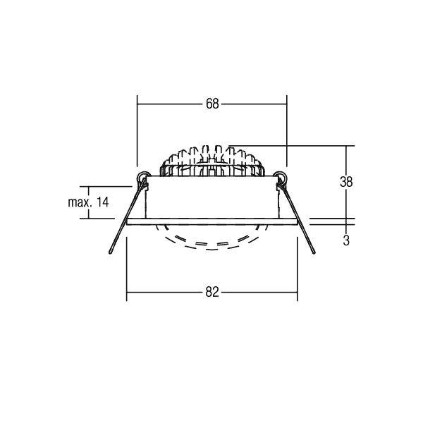 Dessin technique d'un luminaire rond encastré avec ressorts de fixation, montrant les dimensions 68, 82, 38, 3, et max. 14.