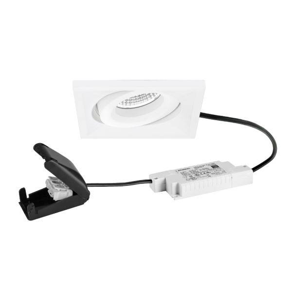 Kit de spots LED encastrés blancs avec garniture carrée, driver et clip de montage reliés par un câble noir.
