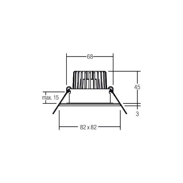 Dessin technique d'une suspension encastrée avec ressorts de fixation, montrant les dimensions : largeur 68, hauteur 45, découpe 82 x 82, max 15 et 3.