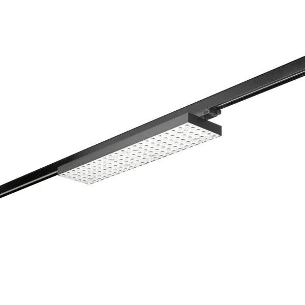 Luminaire LED rectangulaire monté sur rail avec face inférieure blanche perforée, présenté sur fond uni.