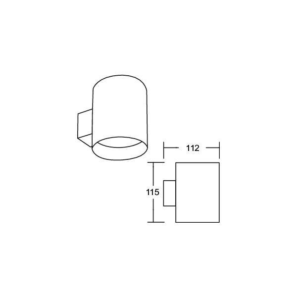 Schéma technique d'un luminaire cylindrique monté sur mur, montrant les vues latérale et de face avec les dimensions 112 et 115.