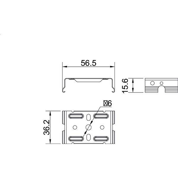 Dessin technique d'une équerre métallique ou d'un clip avec des dimensions étiquetées 56,5, 15,6, 36,2 et Ø6, montrant les vues de face et de côté.