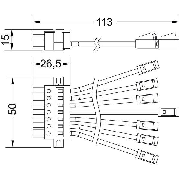 Dessin technique d'un connecteur de faisceau de câbles, montrant les vues latérale et frontale avec les dimensions 113, 50, 26,5 et 15 mm et plusieurs conducteurs de fil se terminant par des fiches.