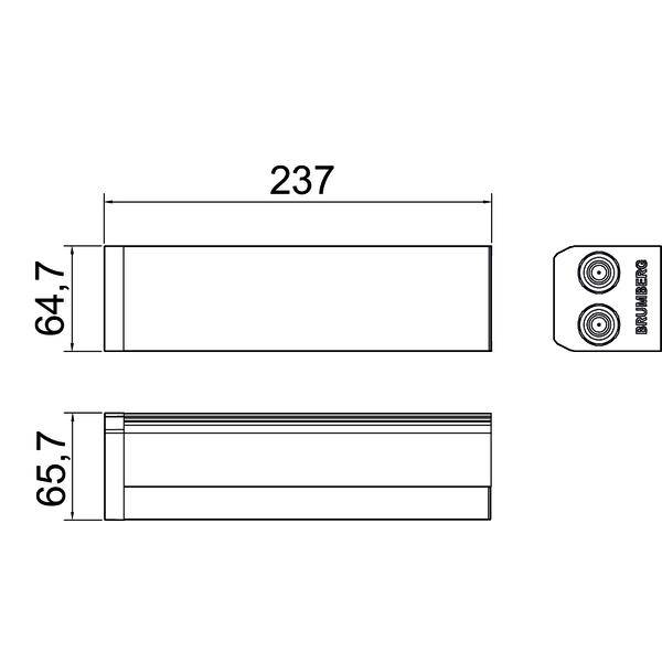 Dessin technique d'un module rectangulaire, montrant des vues de face et de côté avec les dimensions 237 par 64,7 et 65,7, plus une extrémité de connecteur petite étiquetée « ENERBURG ».