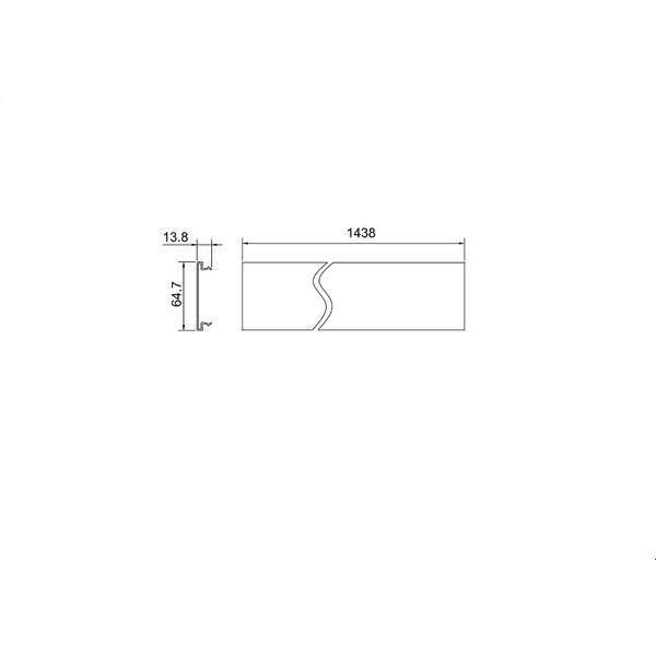 Dessin technique dimensionnel d'un panneau rectangulaire, étiqueté 1438 de large et 64,7 de haut, avec un détail latéral de 13,8 et une ligne de division ondulée centrale.