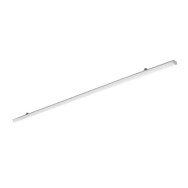 Luminaire LED blanc linéaire mince sur un fond blanc uni.
