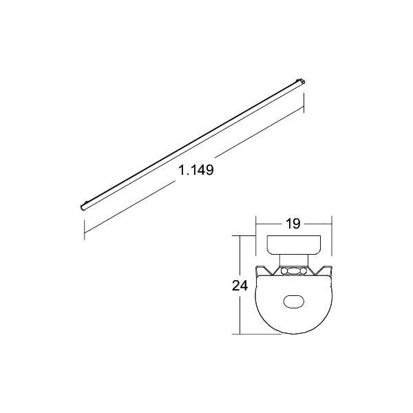 Dessin technique d'une longue tige ou barre, étiqueté 1.149, avec une petite vue en bout montrant une largeur de 19 mm et une hauteur de 24 mm.