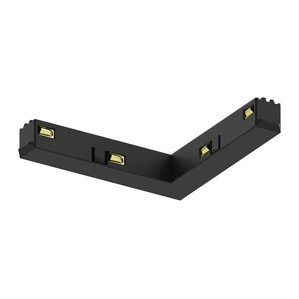 Connecteur d'éclairage de rail en forme de L de couleur noire avec trois contacts en laiton sur un fond blanc.