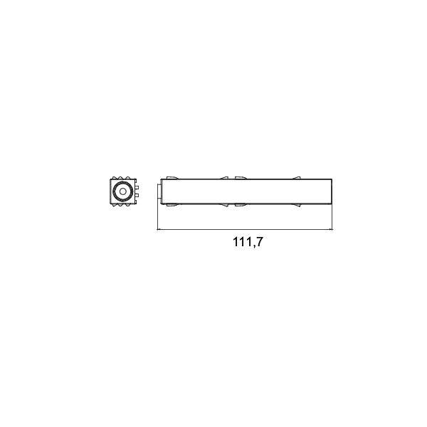 Diagramme technique d'un composant rectangulaire allongé avec une vue circulaire en bout, étiqueté 111.7 sous la forme principale.