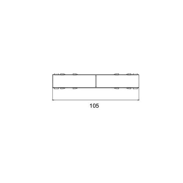 Dessin technique simple en vue de face d'un objet rectangulaire à deux sections étiqueté 105.