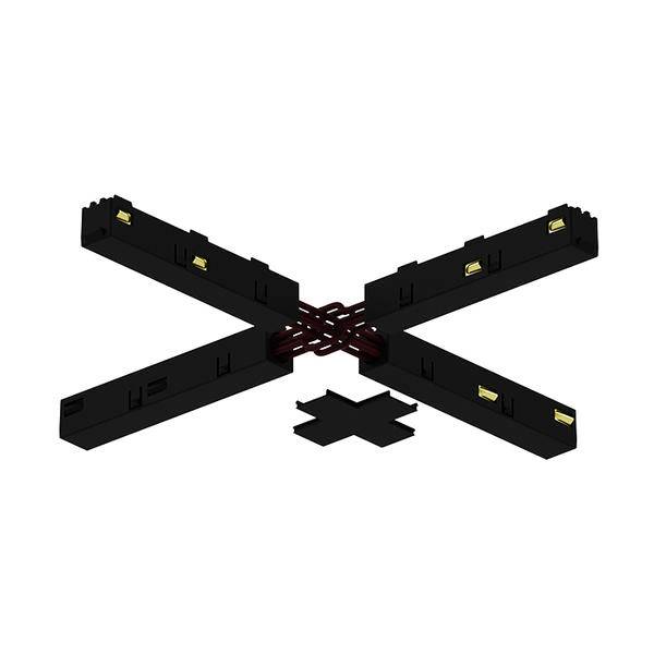 Connecteur de piste modulaire en forme de X noir avec quatre bras et un faisceau de câbles croisés central sur un fond blanc.