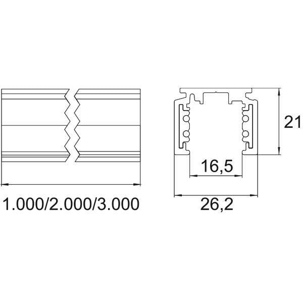 Dessin technique d'un profil d'extrusion à fente avec rupture au centre, montrant les longueurs 1.000/2.000/3.000 et les dimensions de la section transversale 26,2 de largeur, 21 de hauteur, 16,5 de largeur intérieure.
