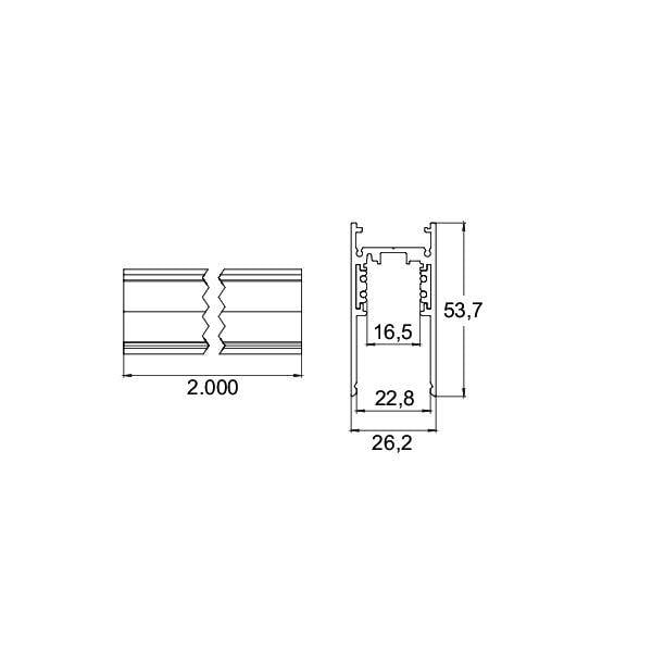 Dessin technique d'une section de profil et d'un détail de longueur, montrant une longueur de 2 000 mm et des dimensions de section transversale de 26,2, 53,7, 22,8 et 16,5 mm.