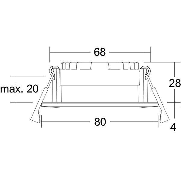 Dessin technique en ligne d'une applique encastrée avec ressorts de fixation, montrant les dimensions : 68 de largeur, 80 de largeur de base, 28 de hauteur, et profondeur latérale maximale de 20.