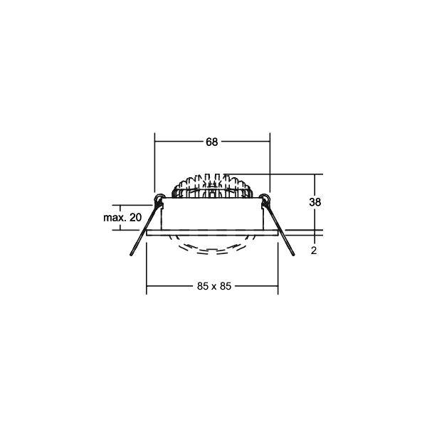Diagramme de cotes vue de face d'un luminaire encastré carré, étiqueté 68 de largeur, 38 de hauteur, découpe 85 x 85, profondeur maximale 20, et 2 d'espace de dégagement.