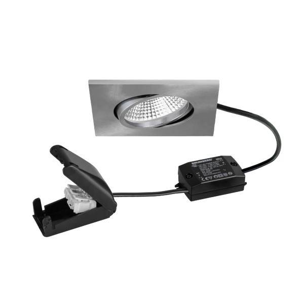 Kit de spot encastré LED avec entourage carré argenté, driver noir et câblage montré sur fond blanc