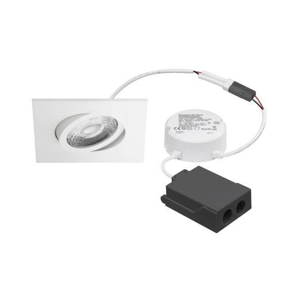 Kit de spots encastrés à LED avec cadre carré blanc, transformateur rond et boîtier d'alimentation noir reliés par des câbles.
