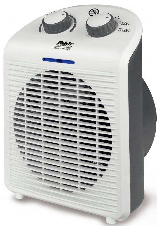 Radiateur électrique portable blanc avec grille frontale et deux cadrans de commande en haut, étiqueté 1000W et 2000W.