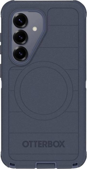 Étui de téléphone OtterBox bleu foncé montré de l'arrière, avec trois découpes pour appareil photo, anneau de style MagSafe et logo OTTERBOX.