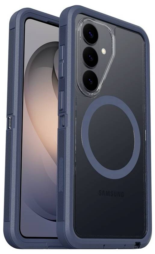 Étui de smartphone robuste bleu présenté de face et de dos, avec des bords surélevés et un grand anneau de style MagSafe circulaire sur le dos.
