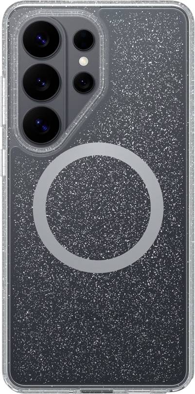 Arrière d'un smartphone dans une coque transparente paillettée avec un grand anneau MagSafe circulaire et un triple module de caméra dans le coin supérieur gauche.