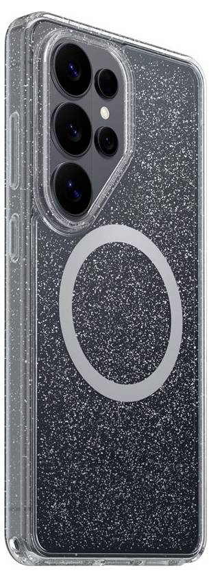 Étui de téléphone transparent et scintillant avec grand anneau MagSafe et découpe de caméra surélevée pour caméra smartphone à triple objectif.