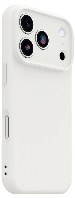 Vue arrière d'une coque de smartphone blanche avec trois objectifs de caméra, flash et boutons latéraux visibles.