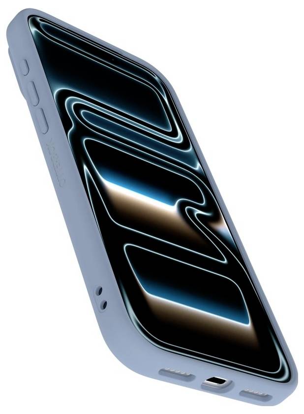 Smartphone bleu présenté en angle, avec un écran abstrait noir et cyan luminescent et des boutons latéraux et des ports de charge visibles.