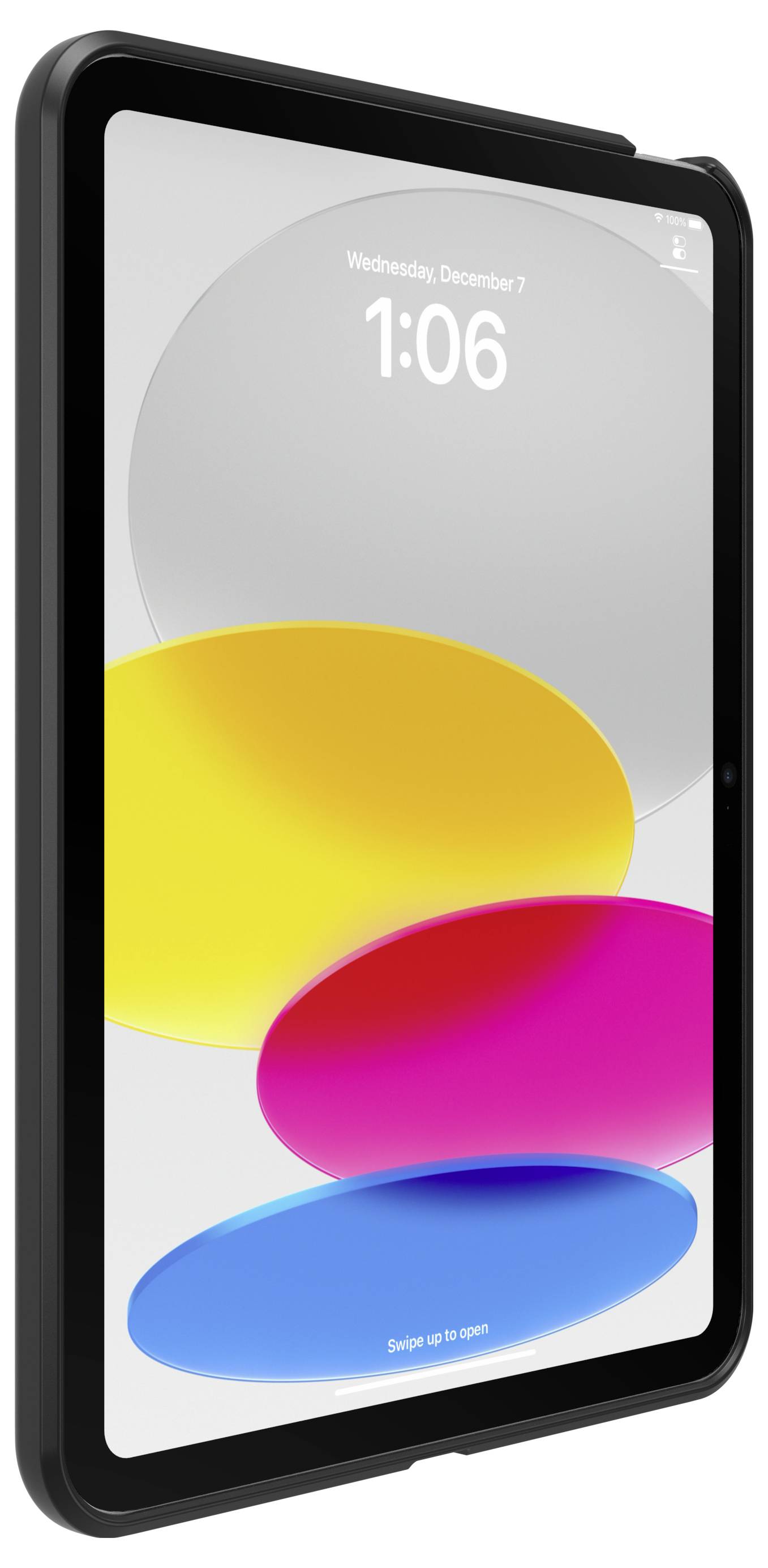 Tablette noire affichée sous un angle avec un écran de verrouillage abstrait coloré affichant « 1:06 » et « Mercredi 7 décembre ».