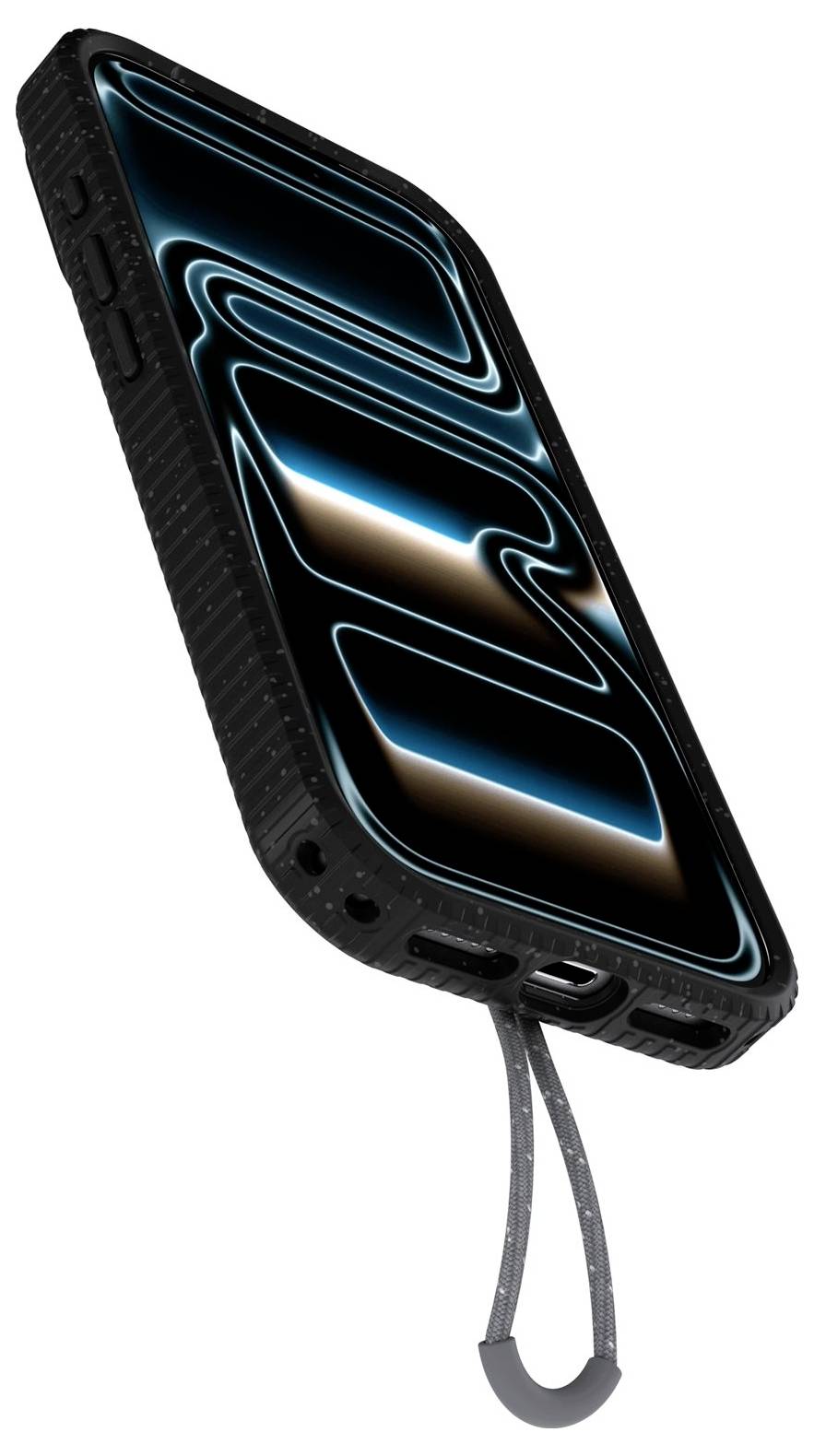 Un étui de smartphone noir robuste avec des accents bleu néon et une sangle poignet, présenté en angle sur fond blanc.