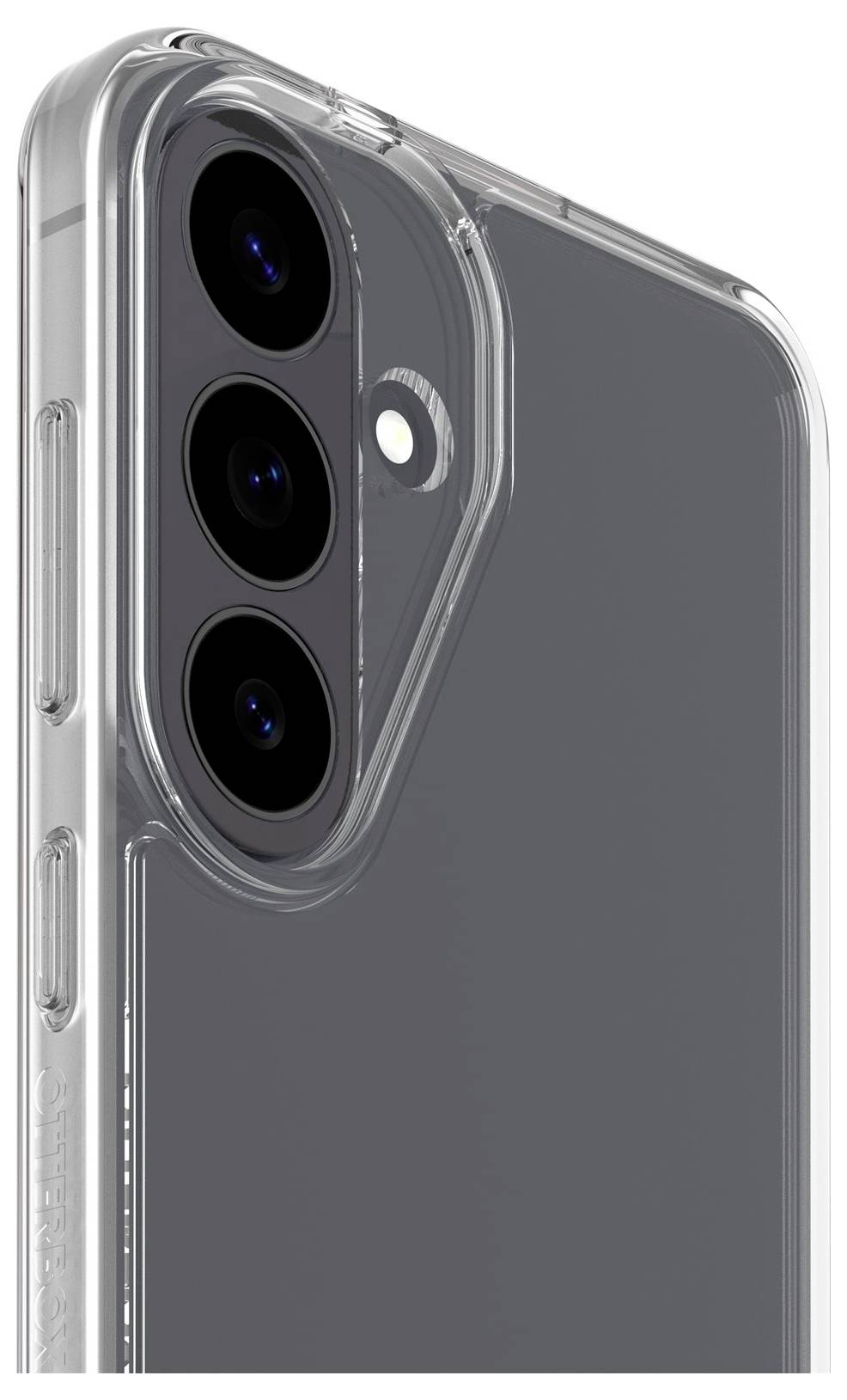 Étui de protection transparent pour téléphone intelligent, montrant la découpe triple caméra arrière et les protections de boutons.
