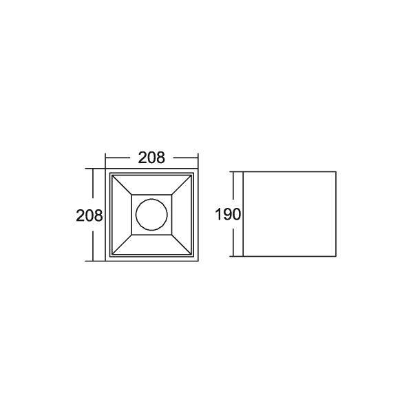Dessin technique d'une fixation encastrée carrée, de 208 par 208 en dimensions globales et de 190 de hauteur, présenté en vues de face et de côté avec une ouverture circulaire centrale.