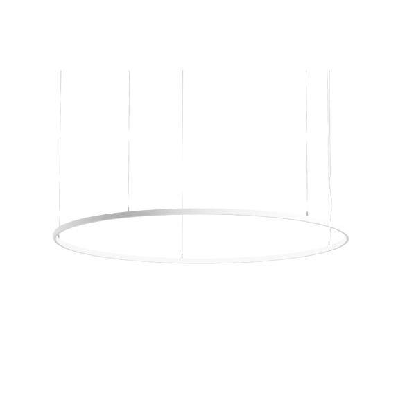 Lampe suspendue cylindrique blanche minimaliste avec un mince anneau circulaire à la base, présentée sur un fond blanc uni.