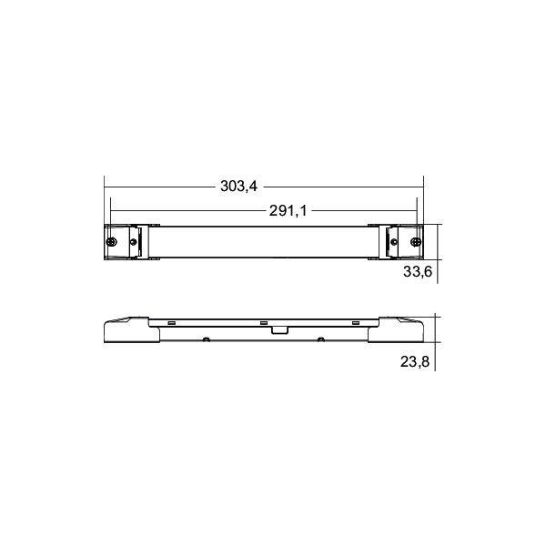Dessin technique d'un composant rectangulaire allongé avec deux vues, montrant les dimensions 303,4, 291,1, 33,6 et 23,8 mm.