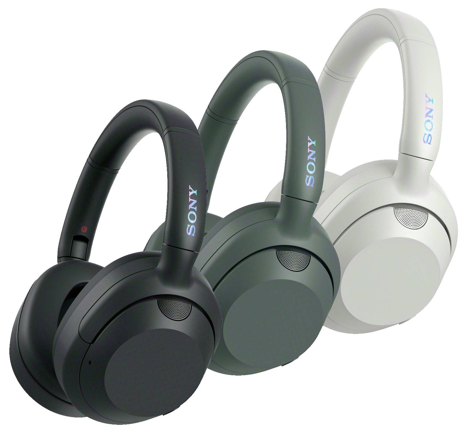 Trois casques audio sans fil supra-auriculaires Sony en noir, gris foncé et blanc présentés côte à côte sur un fond blanc.