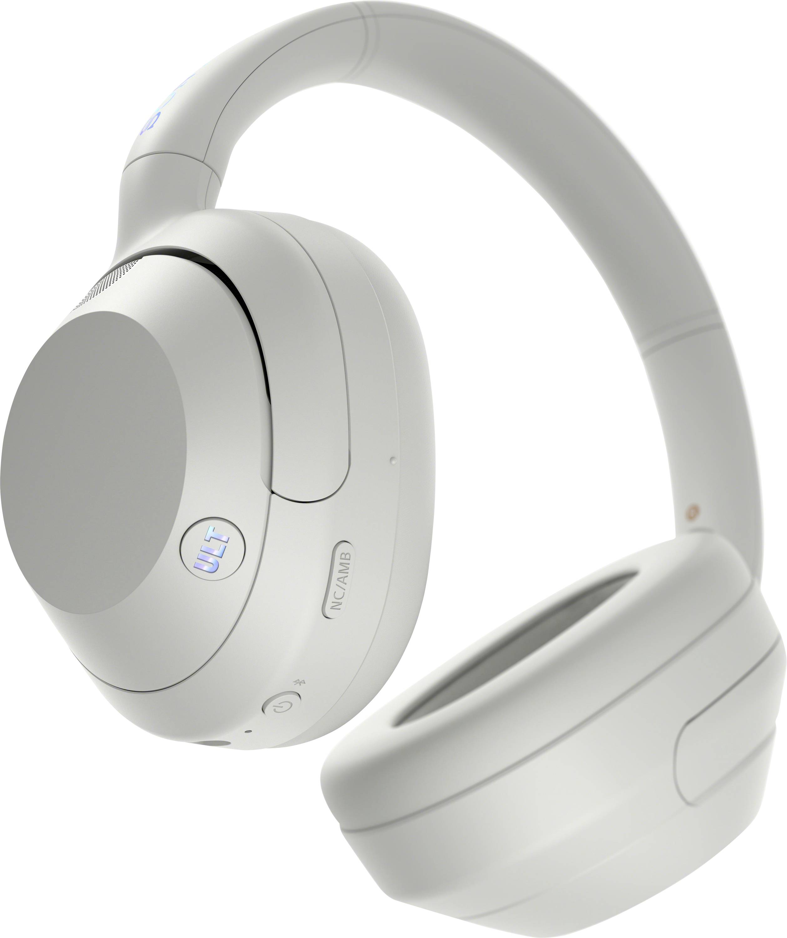 Casques audio sans fil blanc supra-auriculaire avec serre-tête rembourré et écouteurs arrondis sur un fond uni.