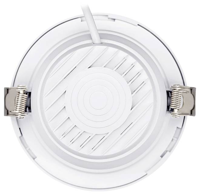 Luminaire LED encastré rond blanc avec ressorts de fixation et câble d'alimentation attaché, vue de dessous.