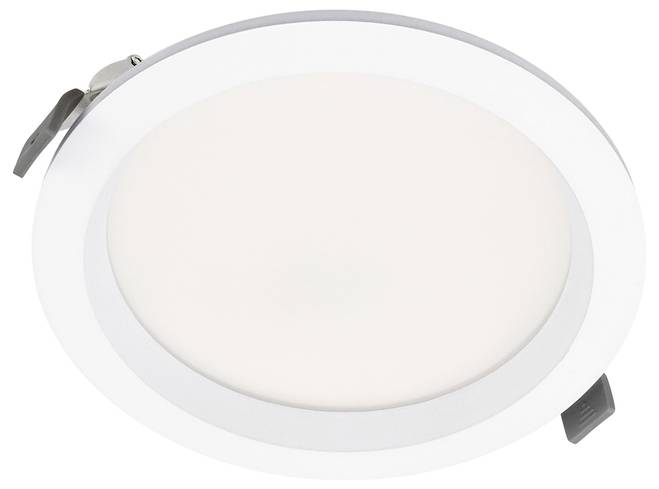 Luminaire LED encastré rond avec garniture blanche et clips de ressort latéraux sur fond blanc