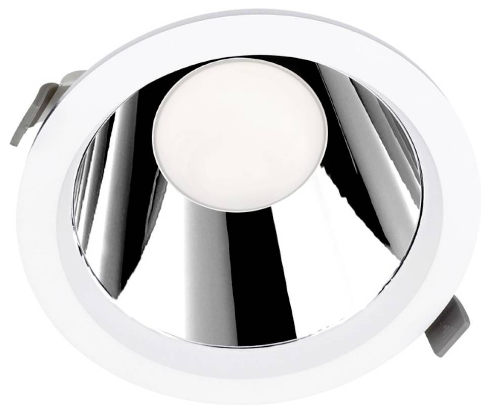 Gros plan d'un luminaire encastré rond avec un cadre blanc et un intérieur chromé réfléchissant, présenté sur un fond blanc.