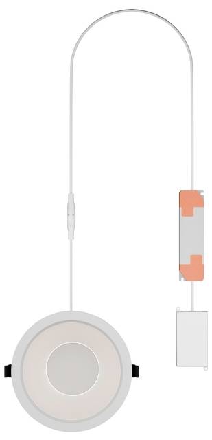 Socle de charge filaire rond avec câble et module de commande intégré, présenté sur un fond blanc.