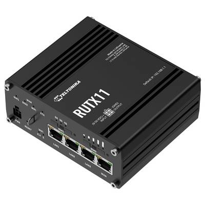 Routeur industriel Teltonika RUTX11 noir avec plusieurs ports Ethernet, Wi-Fi et connexions d'alimentation/réinitialisation, présenté sous un angle de style produit.