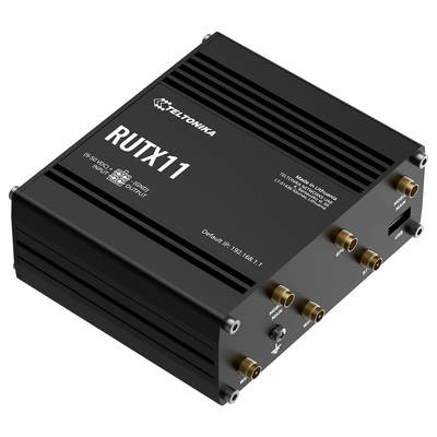 Routeur industriel noir Teltonika RUTX11 avec plusieurs connecteurs d'antenne dorés et ports étiquetés, présenté sur un fond blanc.