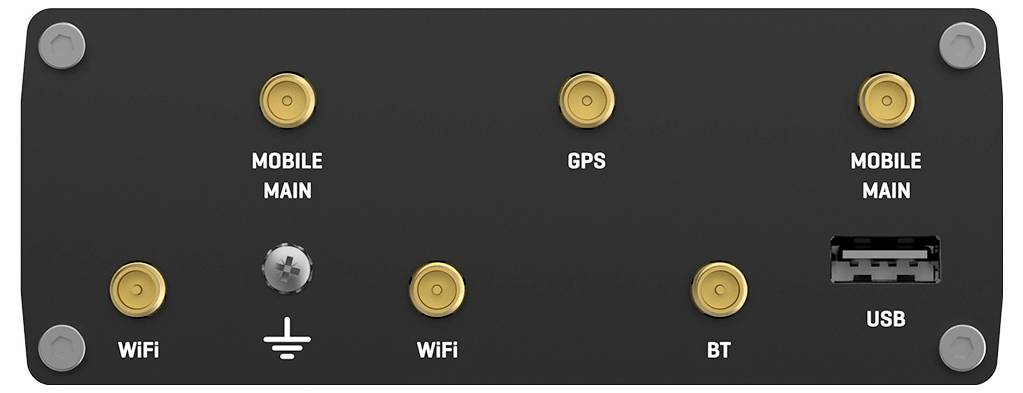 Panneau arrière d'un appareil avec antenne étiquetée et ports de connexion : « MOBILE MAIN » x2, « GPS », « WiFi » x2, « BT » et « USB ».