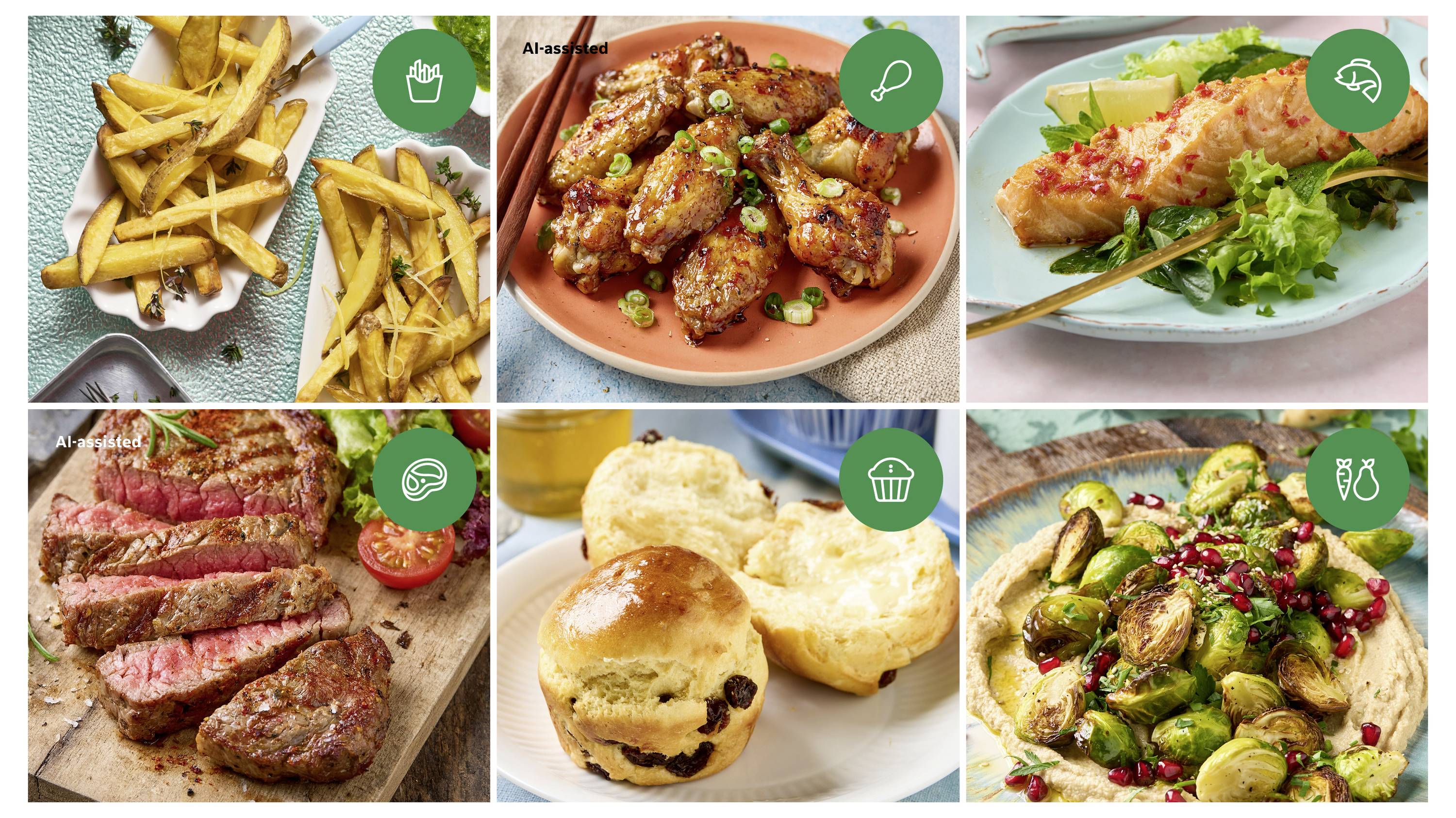Six photos de nourriture montrent différents plats : des frites, des ailes de poulet glaçées, du saumon avec de la salade, un steak tranché, des biscuits et des choux de Bruxelles sur du houmous.
