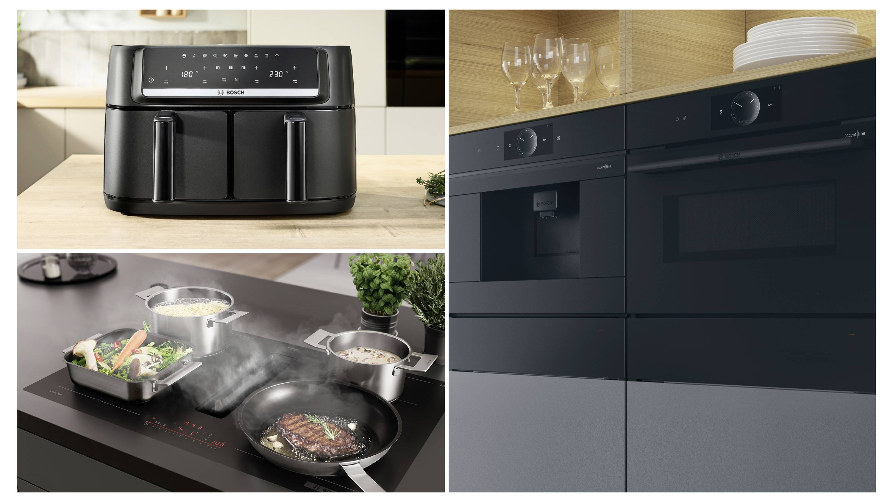 Collage d'un four encastré de cuisine noir et d'une plaque de cuisson, montrant un appareil de type friteuse à air, une cuisson à induction avec vapeur, et un four mural avec des armoires et des plats au-dessus.