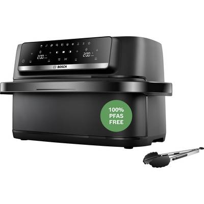 Friteuse à air Bosch noire avec commandes numériques et pinces, étiquetée « 100% SANS PFAS » sur le devant.