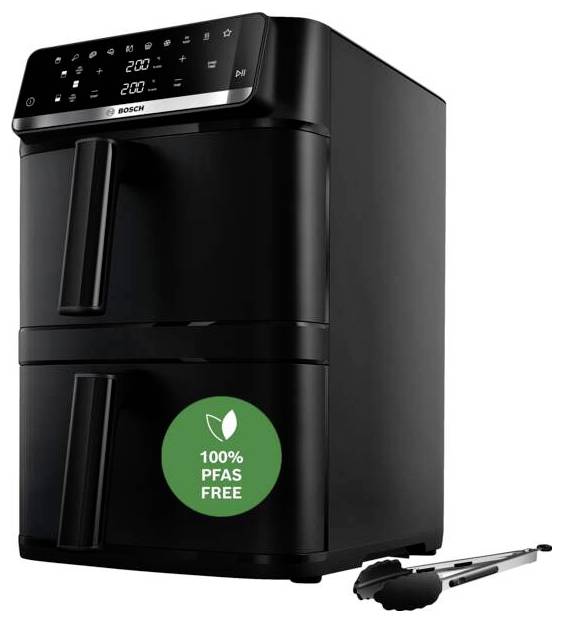 Friteuse à air Bosch noire avec panneau de commande numérique et deux paniers extractibles, présentée avec des pinces et une étiquette verte « 100% SANS PFAS ».