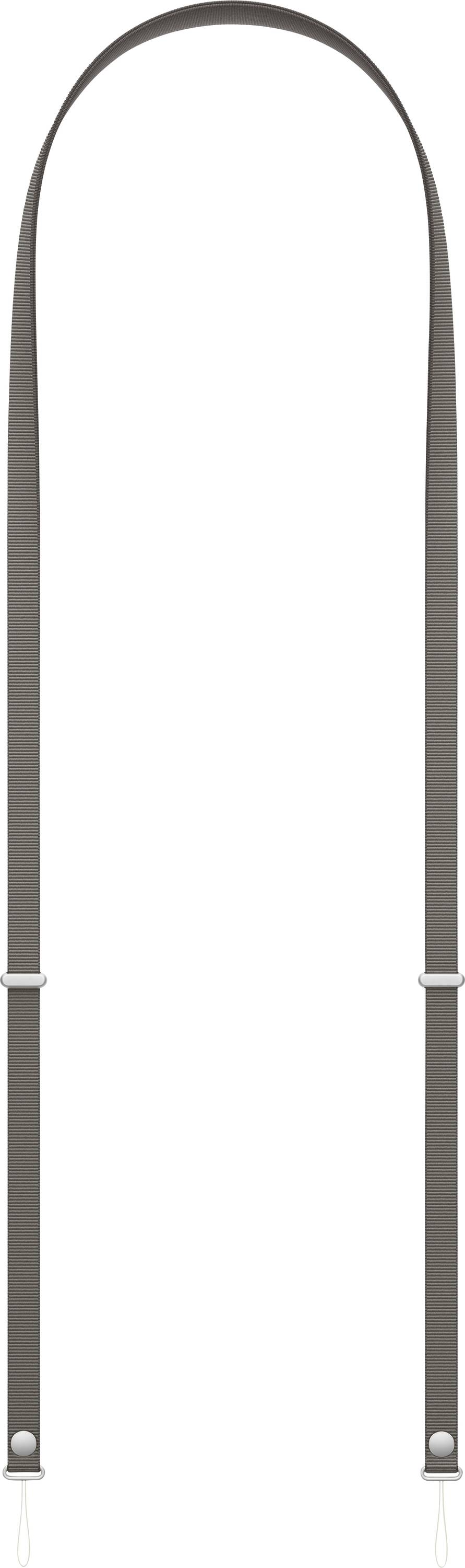 Sangle ou ceinture grise foncée en forme de U avec des pinces métalliques aux deux extrémités, présentée verticalement sur un fond uni.
